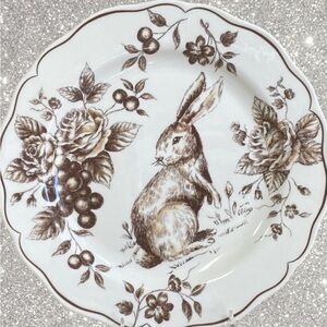 SET  OF 4 Maxcera Easter Bunny Brown White Toile Dinner Plates NEW